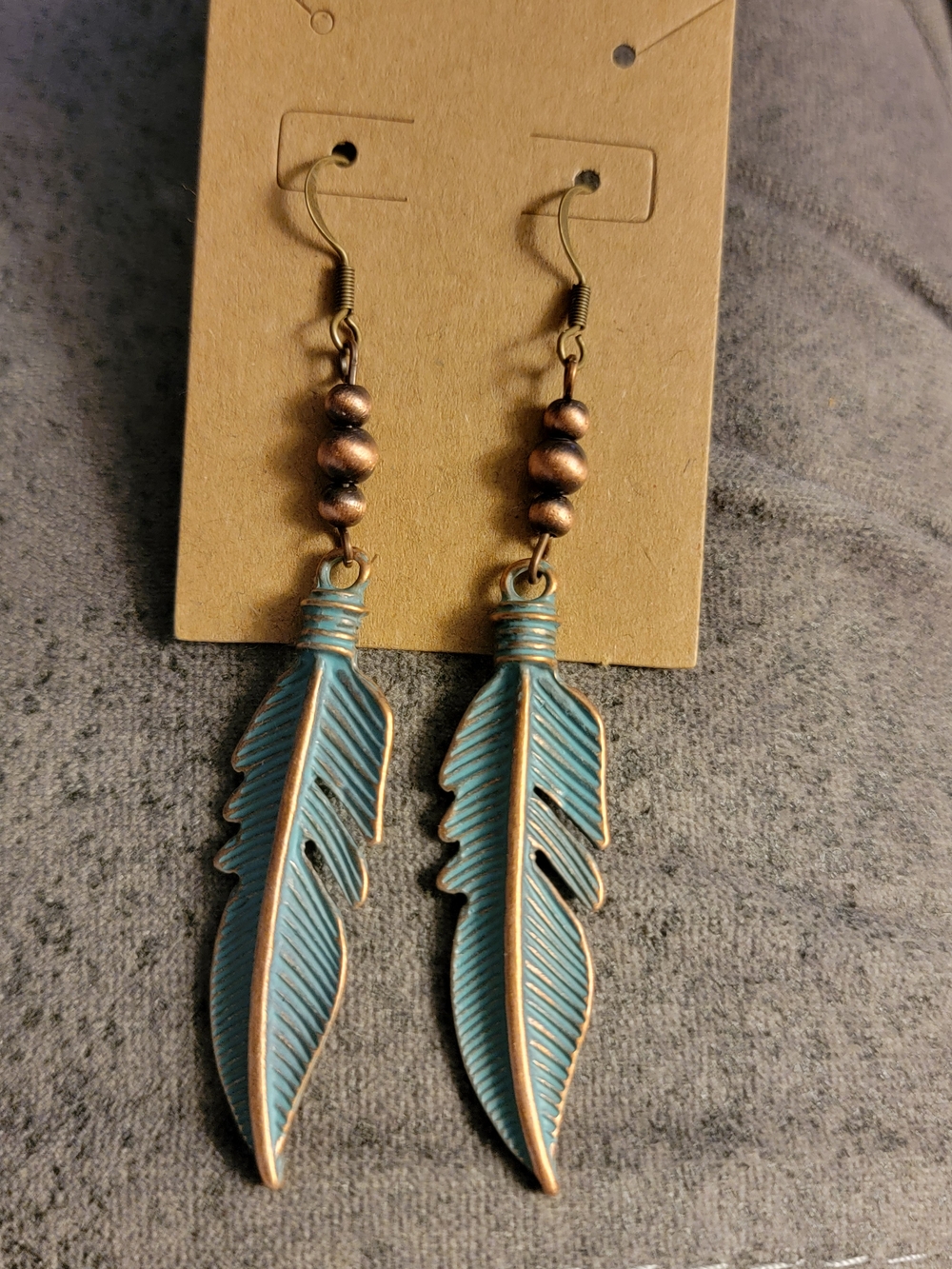Handcrafted Feather Drop Earrings with Antique Bronze Accents